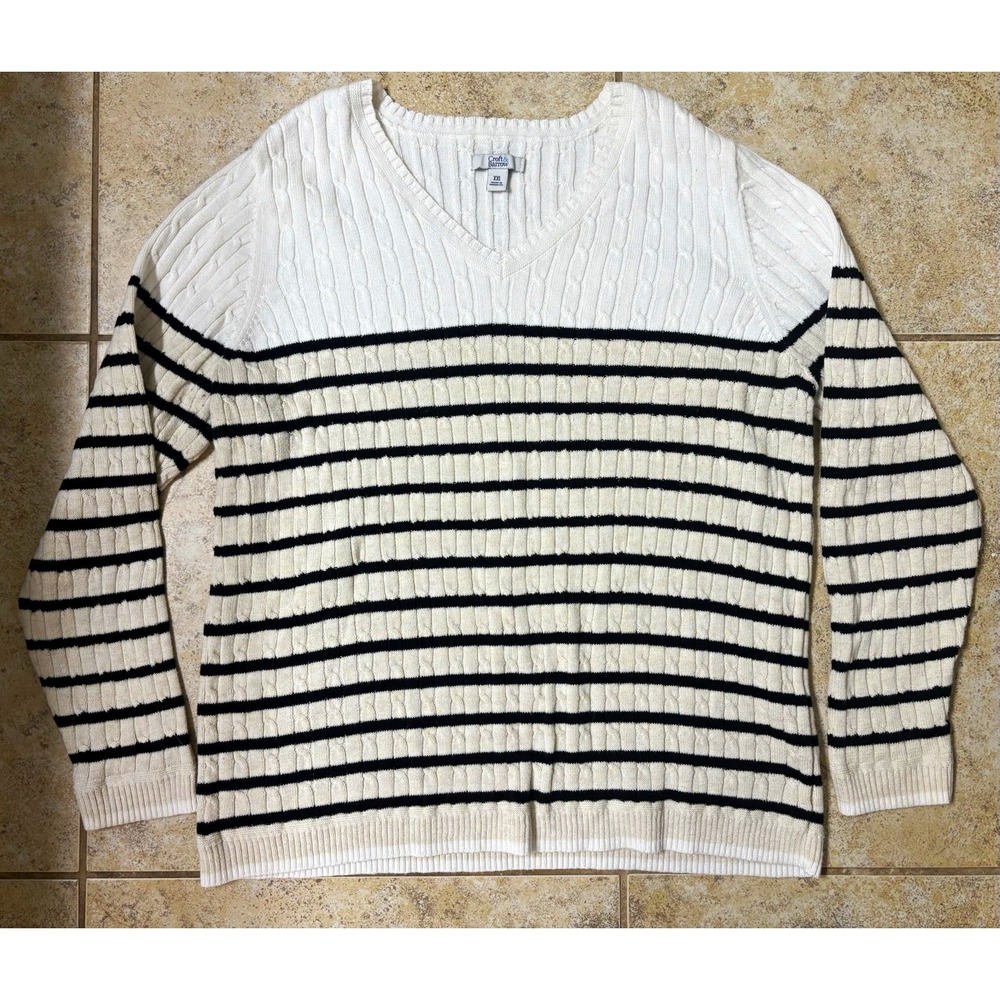 Croft & Barrow White & Black Striped Cable Knit V-Neck Pullover Sweater XXL